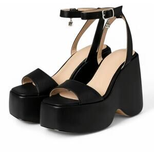 Black Vegan Leather Platform Wedge Ankle Strap Sandals Y2K Chunky Goth Lift Cute